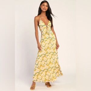 NWT Lulus Yellow Floral Backless Maxi Dress Size L Summer Sundress